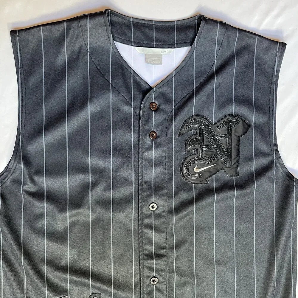 Nike Sleeveless Baseball Jersey Mens L Black Pinstripe Button Up #31 Y2K Stitch